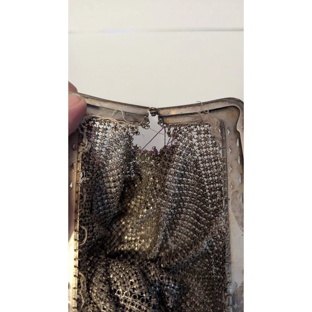 Antique German Silver Mesh Purse Handbag Floral Frame German Made Clasp - Picture 2 of 6